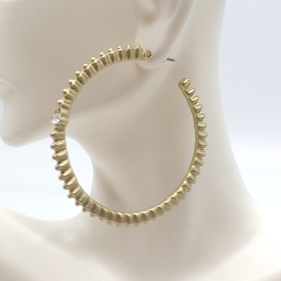 Gold Tone Textured Hoop Earrings With Rhinestone Flower Accents - Picture 4 of 7